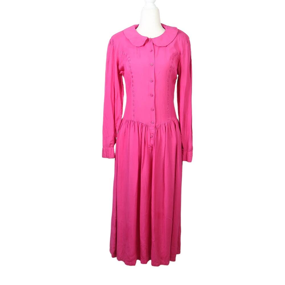 Vintage 80s Passports hot pink drop waist collared midi dress L